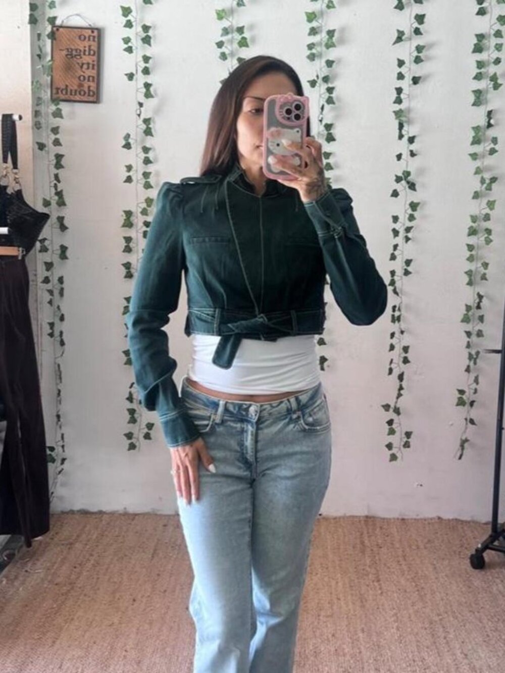 Green cropped military style zip up jacket with white stitching size S